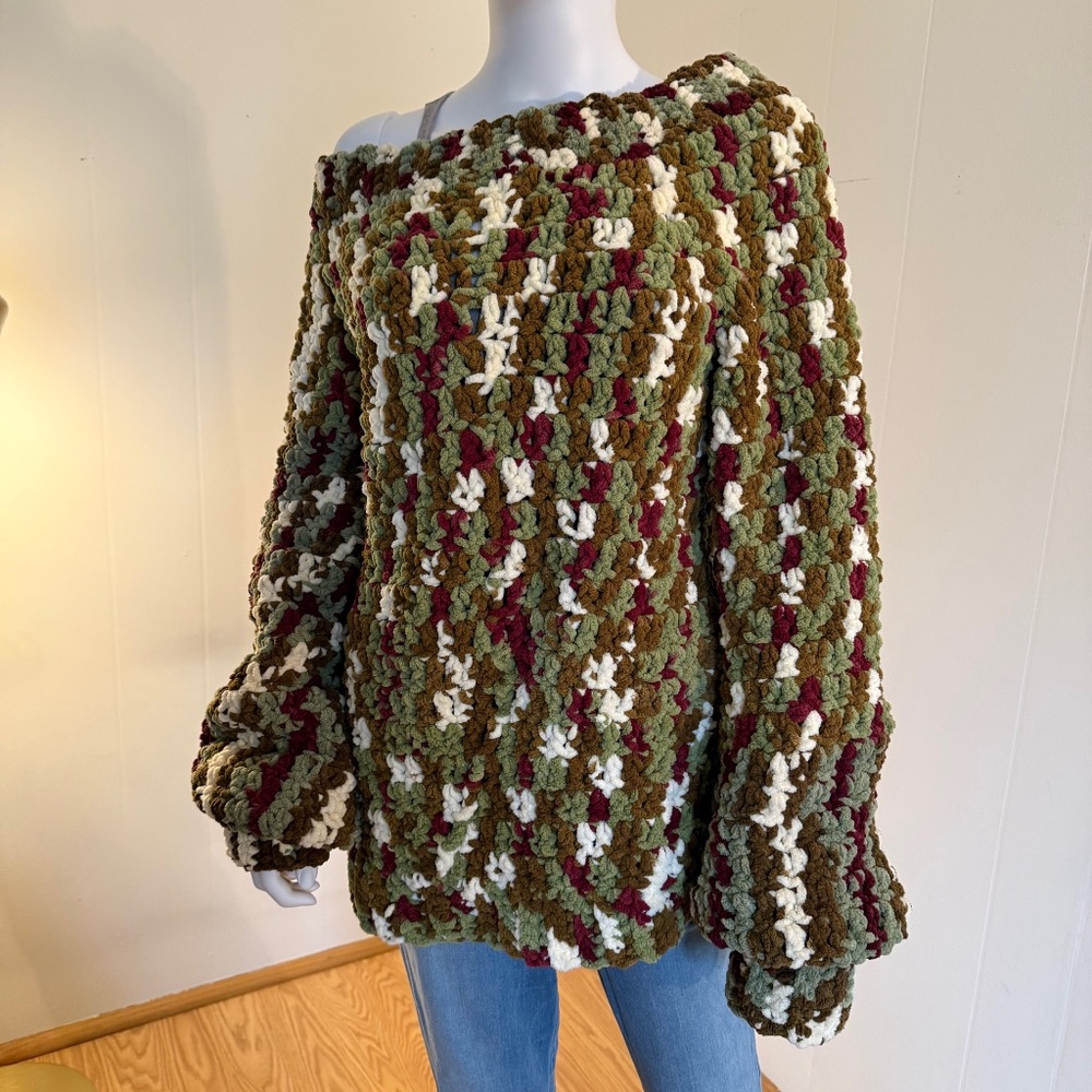 Winter Forest Sweater, Handmade, Chunky, Cozy, Green, Cream, Brown, Red, OOAK